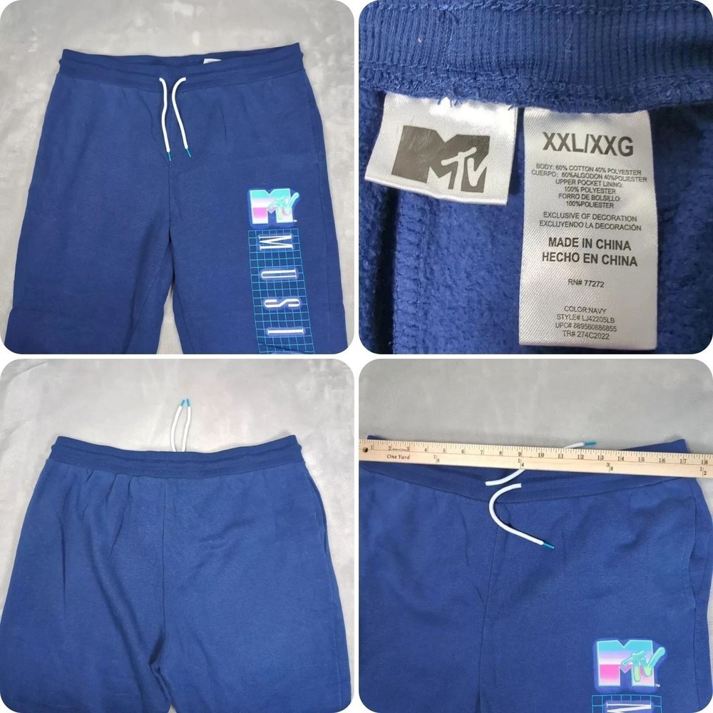 MTV Jogger Pants Men XXL Blue Leg Drawstring TRL Fleece 34x28 90s VTG RARE